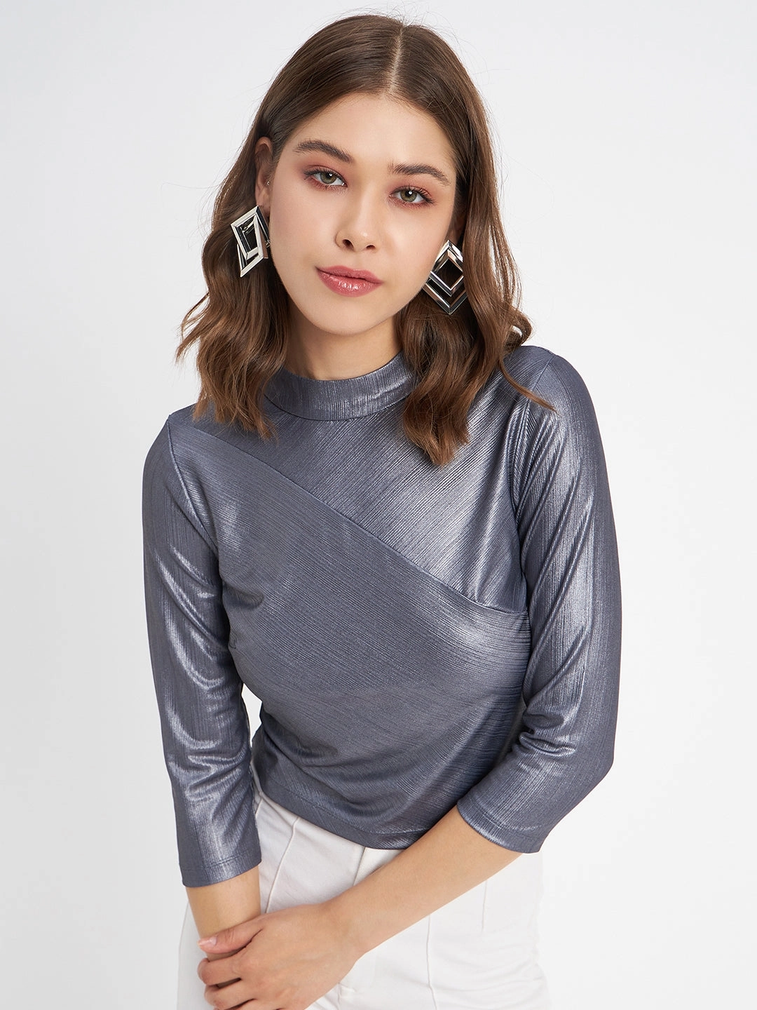 AthleticInspired Madame Shimmering Asymmetrical Seam Detail Navy Blue Top