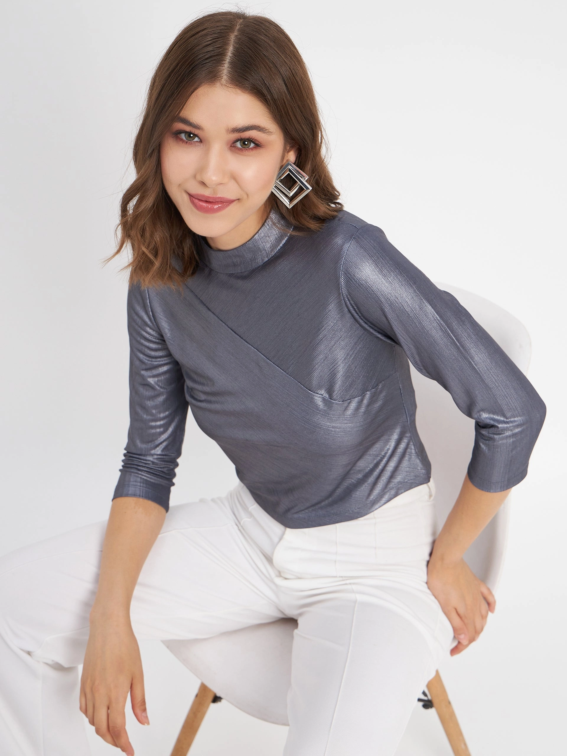 Madame Shimmering Asymmetrical Seam Detail Navy Blue Top Double Stitched Hems