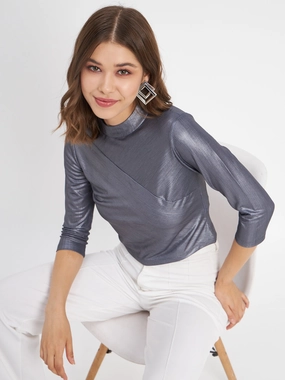 Madame Shimmering Asymmetrical Seam Detail Navy Blue Top Double Stitched Hems
