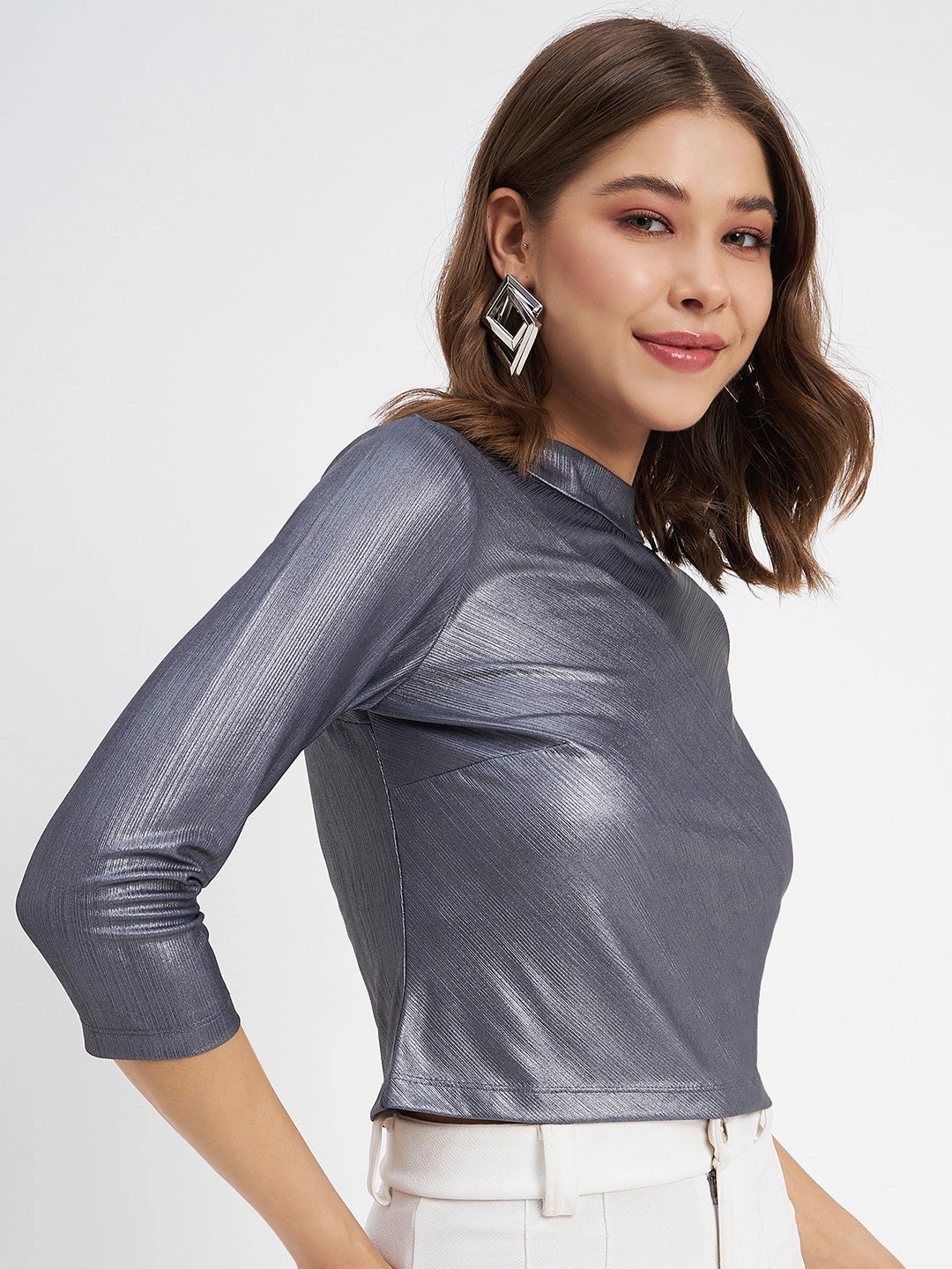 Warm Layer ReinforcedHem Madame Shimmering Asymmetrical Seam Detail Navy Blue Top