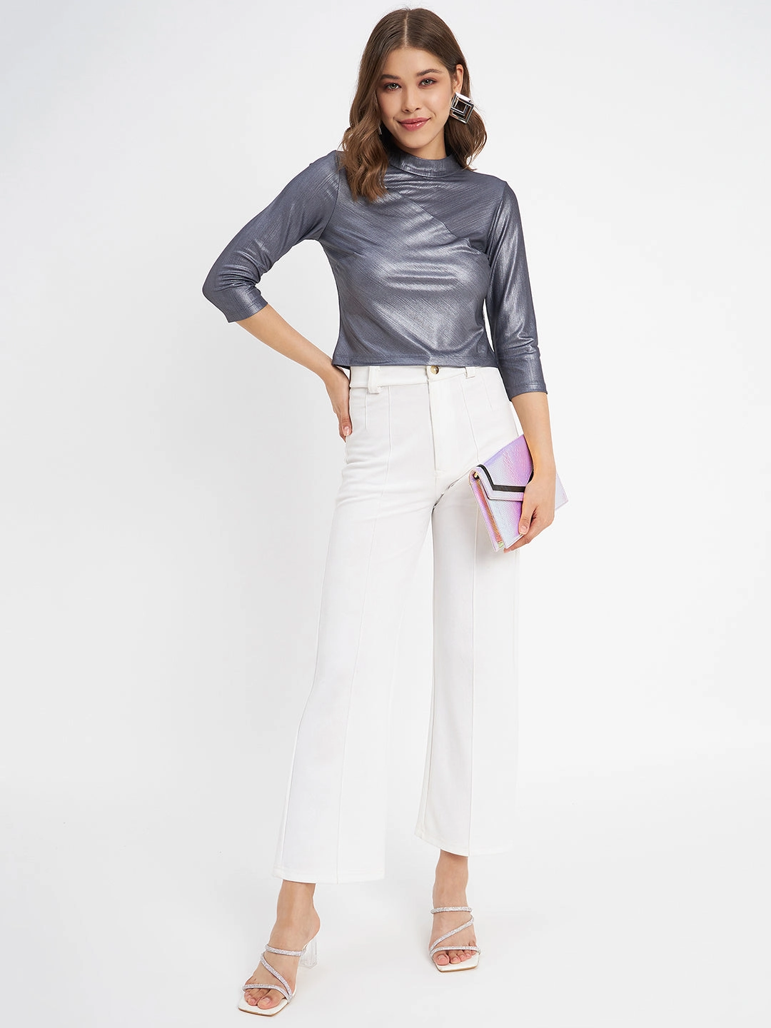 Madame Shimmering Asymmetrical Seam Detail Navy Blue Top AntiBacterial Coating Reversible Layering Tech
