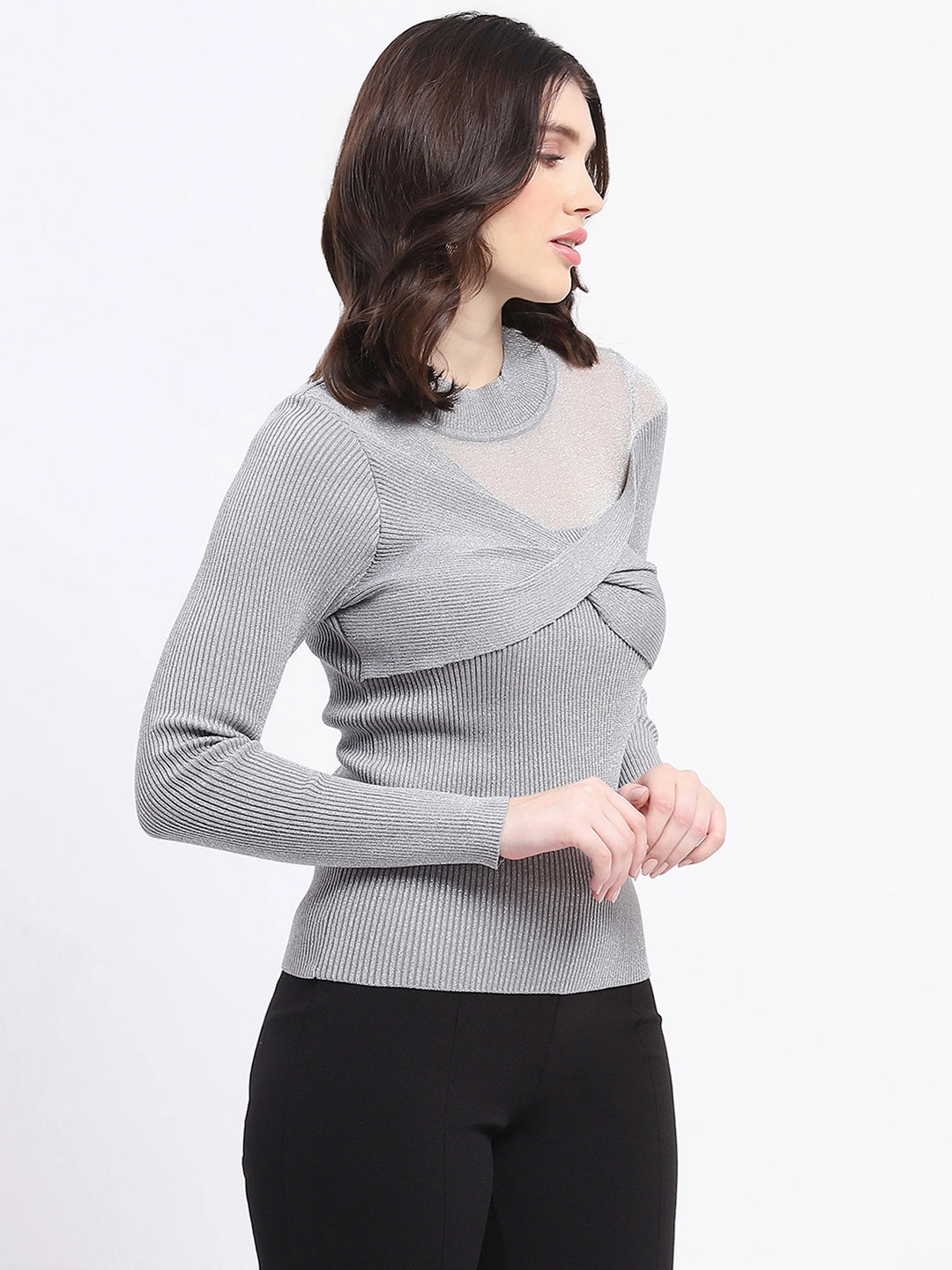 Snug & Stylish Madame Shimmery Mock Neck Wrap Grey Sweater