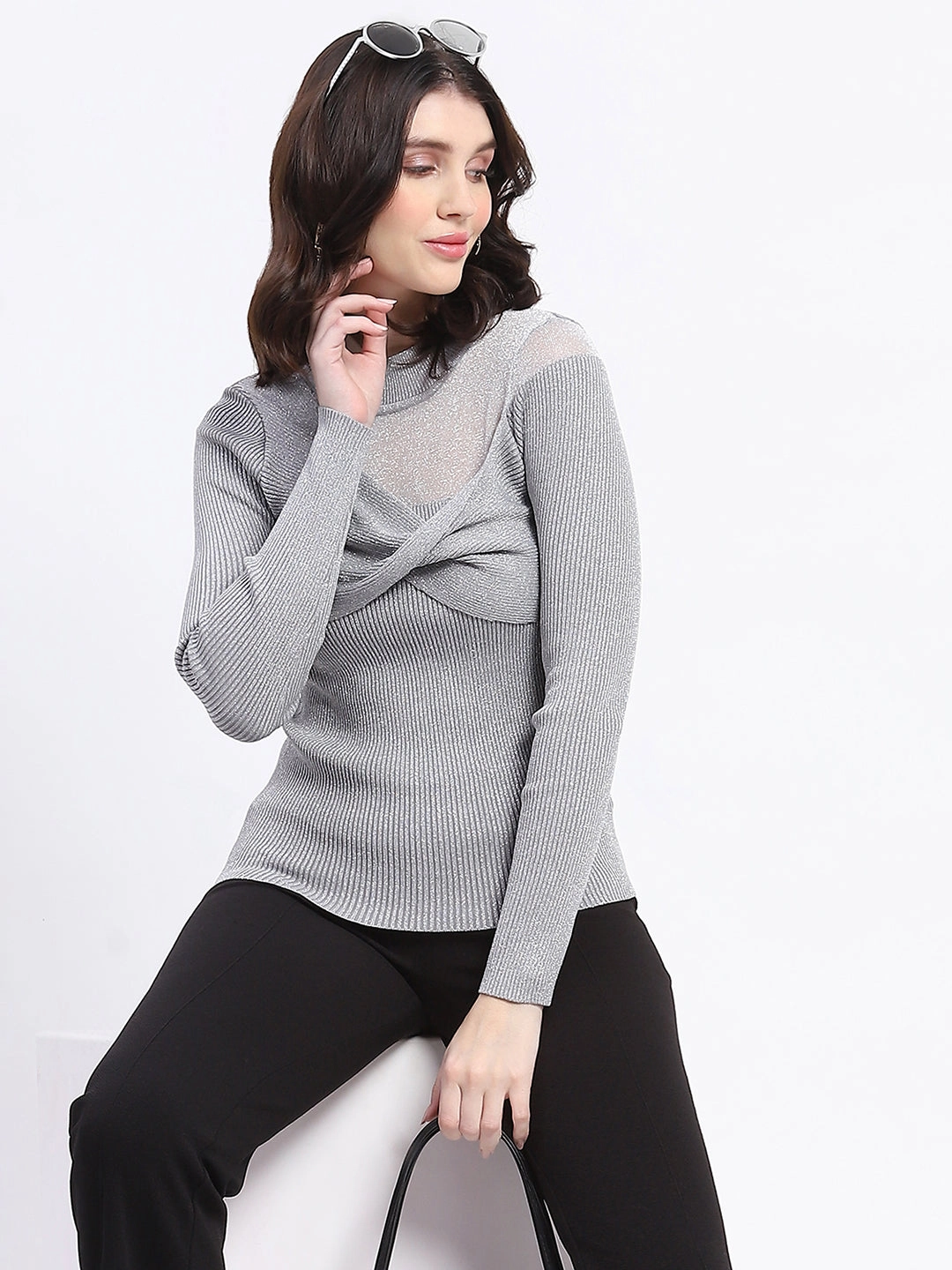 Madame Shimmery Mock Neck Wrap Grey Sweater Outdoor Vibe Functional Layer