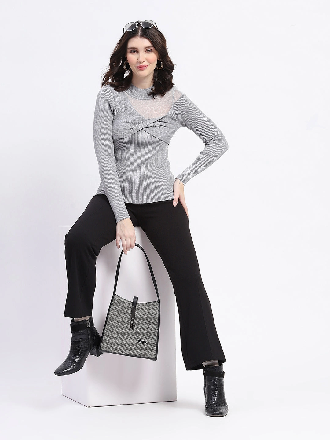 Madame Shimmery Mock Neck Wrap Grey Sweater Fashionable Layering