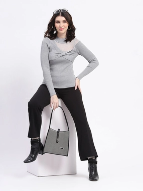 Madame Shimmery Mock Neck Wrap Grey Sweater Fashionable Layering
