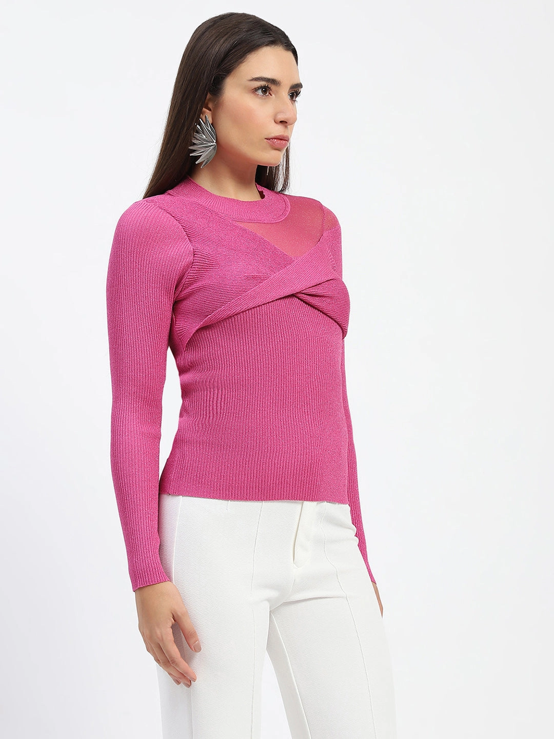 Street Ready Effortless Warmth Madame Shimmery Mock Neck Wrap Hot Pink Sweater