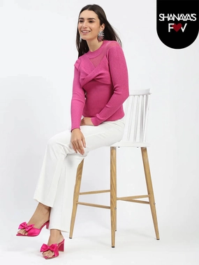 Madame Shimmery Mock Neck Wrap Hot Pink Sweater Thermal Lock Stitching