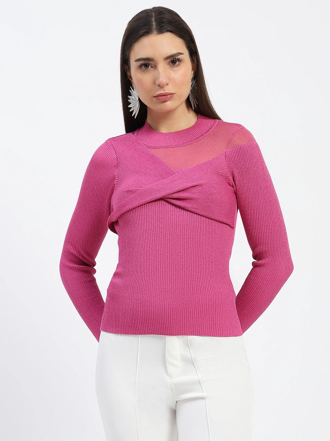 Madame Shimmery Mock Neck Wrap Hot Pink Sweater Recycled Material Composition Reinforced Shoulder Seams