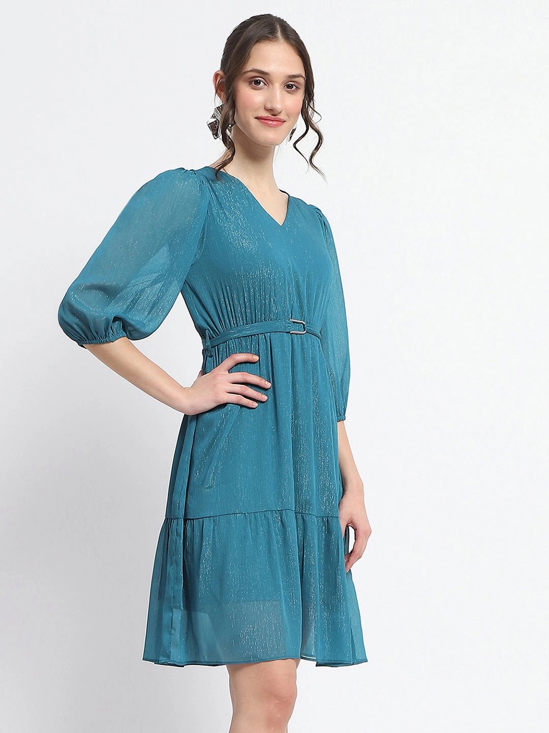 High-waist Madame Shimmery Tiered Belted Waist Teal Midi Dress
