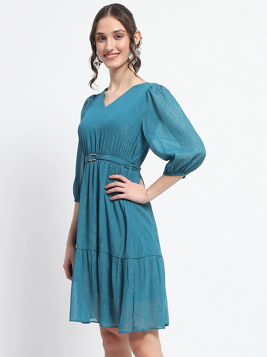 Madame Shimmery Tiered Belted Waist Teal Midi Dress Versatile-Style Pure Aesthetic