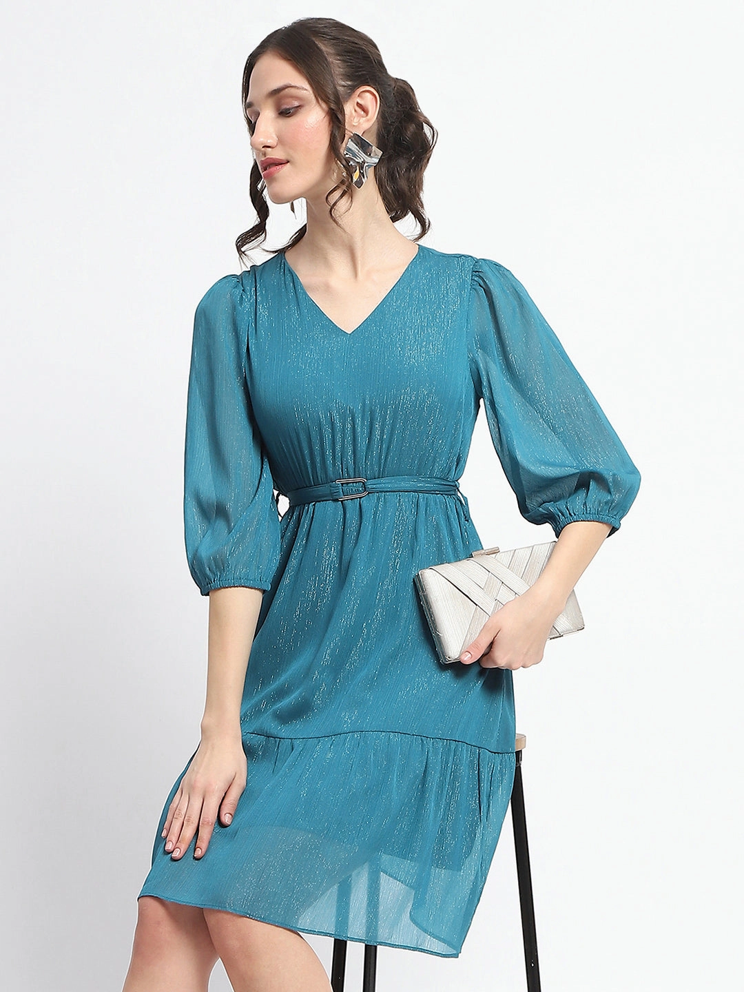 Madame Shimmery Tiered Belted Waist Teal Midi Dress All-Purpose Comfort