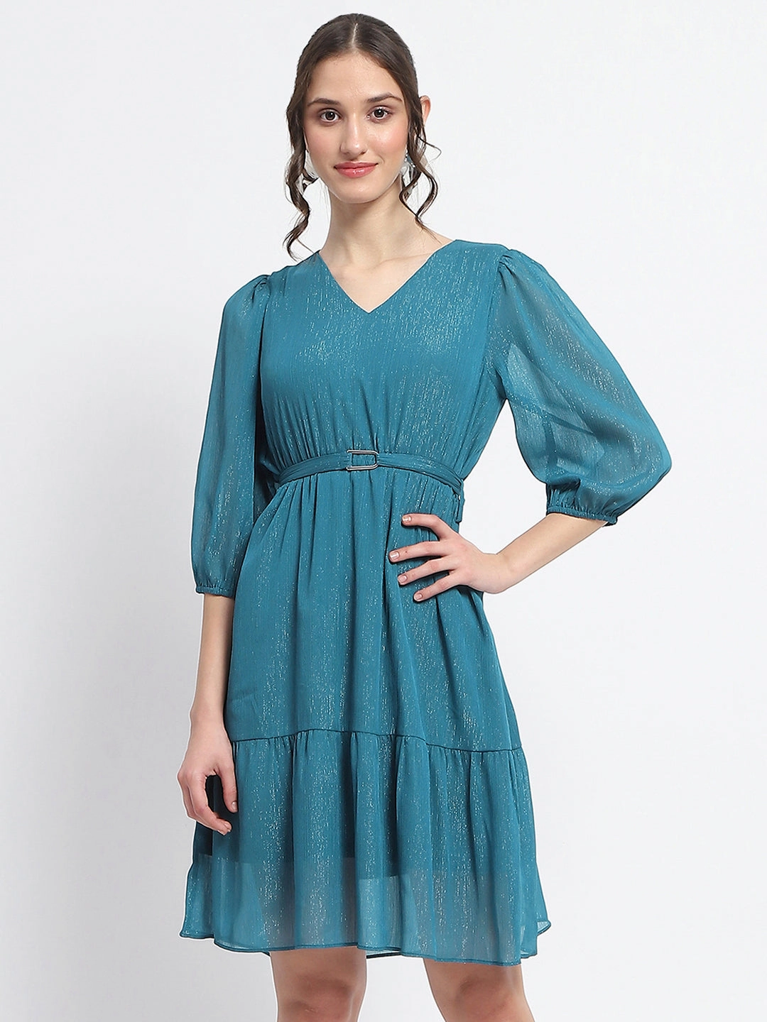 Madame Shimmery Tiered Belted Waist Teal Midi Dress Relax Form Feminine off-the-shoulder gown