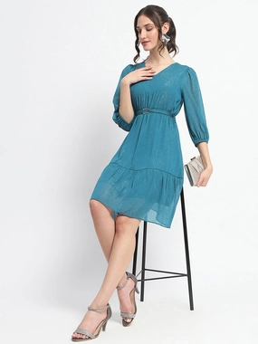 Madame Shimmery Tiered Belted Waist Teal Midi Dress Beauty Zone Color Pop