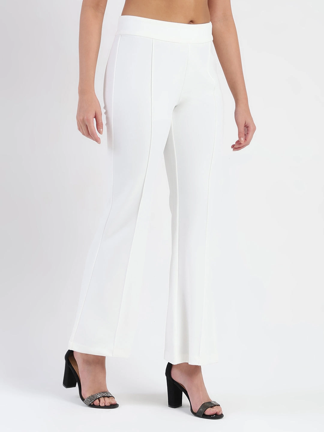 Madame Side Zipper Flared White Knitted Moss Trousers ButtonDownCollar Durable Hem Stitching