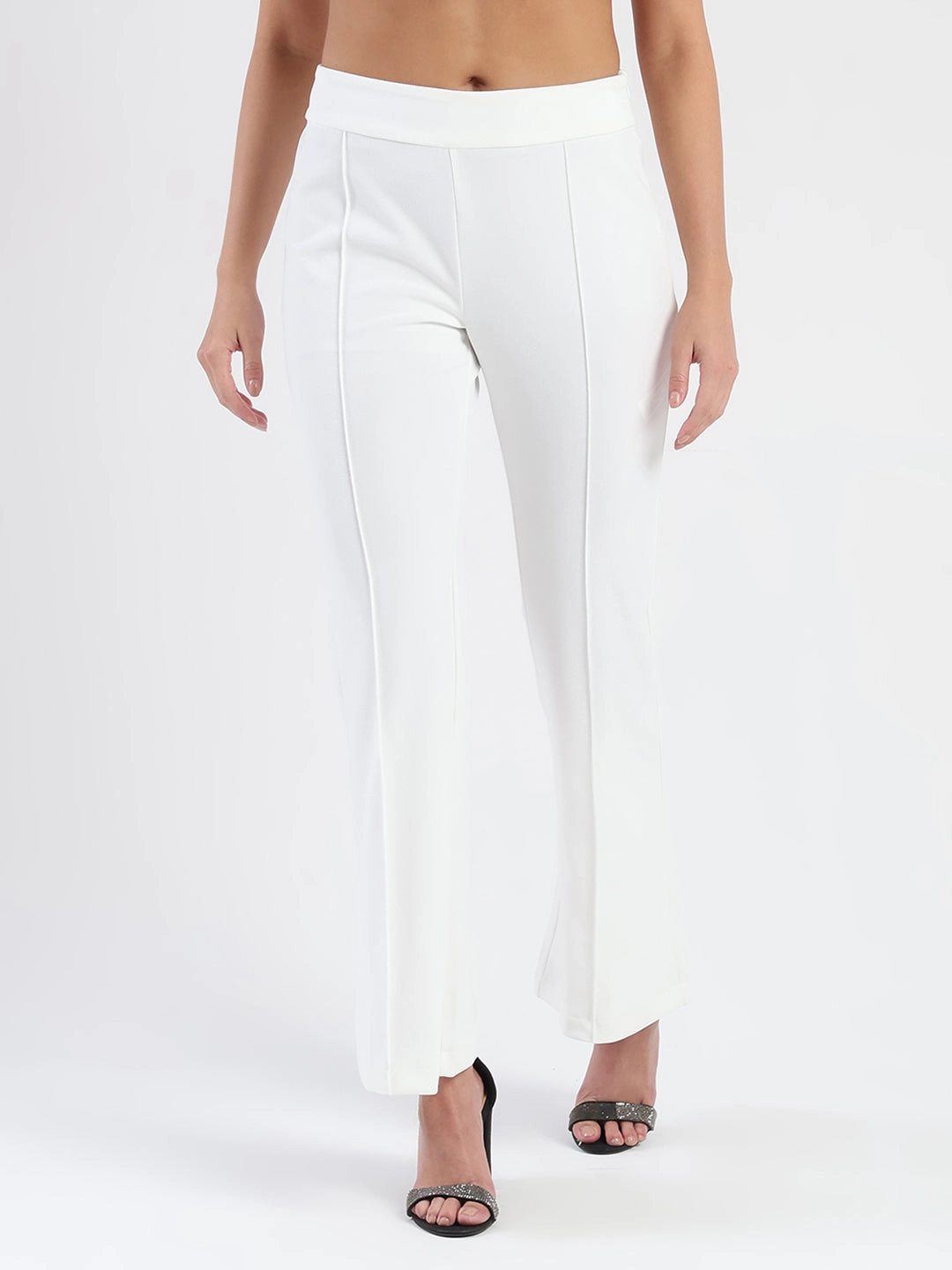 Madame Side Zipper Flared White Knitted Moss Trousers BondedSeams