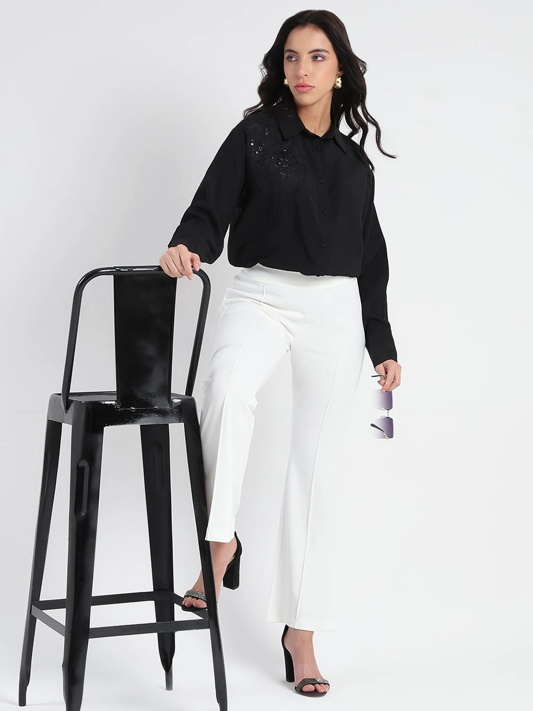 Madame Side Zipper Flared White Knitted Moss Trousers PolishedFinish