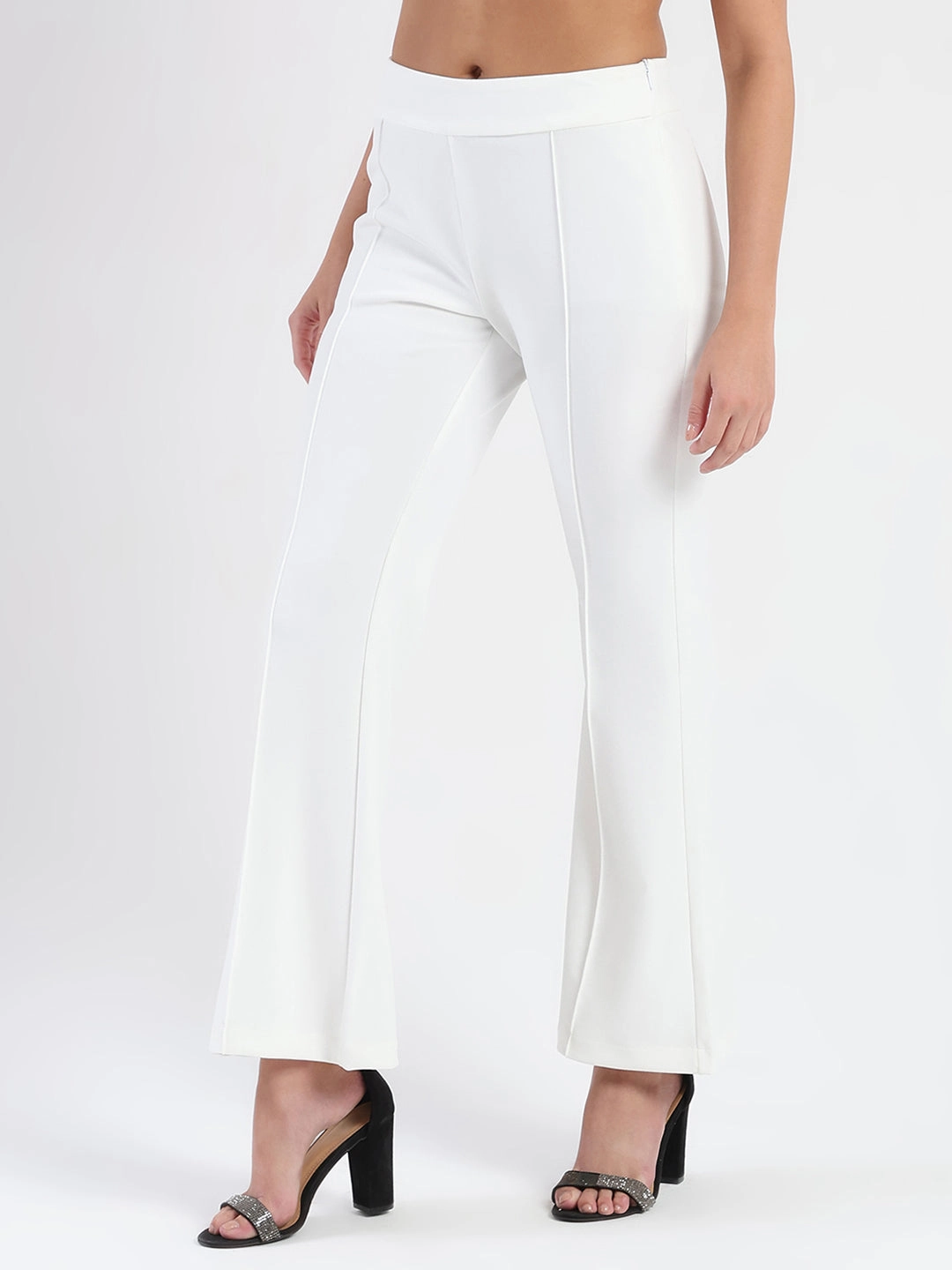 Recycled Material Blend Contrast Stitch Detailing Madame Side Zipper Flared White Knitted Moss Trousers