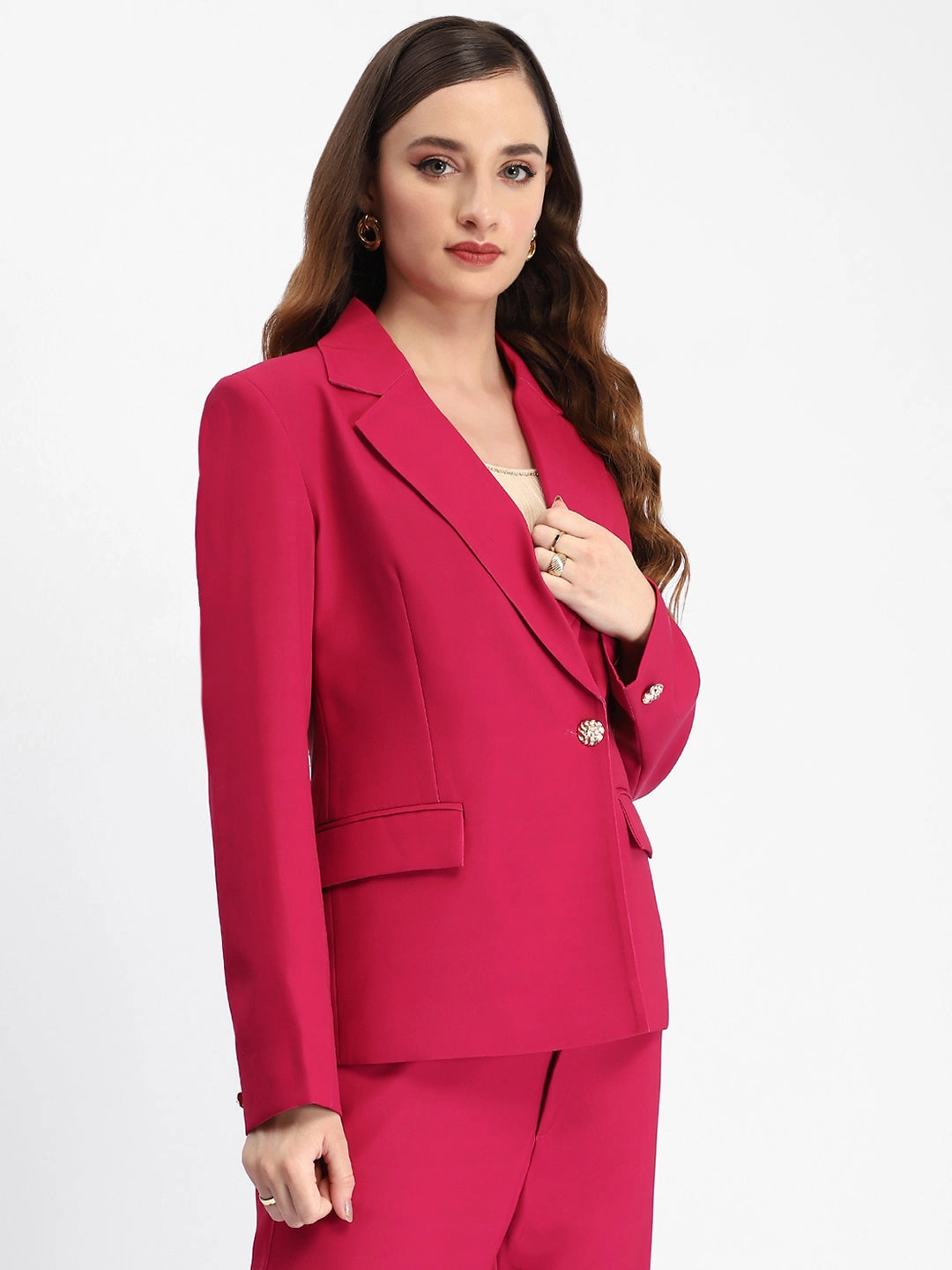 Madame Single Button Notch Lapel Hot Pink Blazer Removable Hood