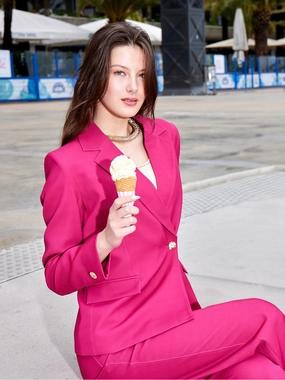 Madame Single Button Notch Lapel Hot Pink Blazer Stretch Panels Versatile Layering Weight