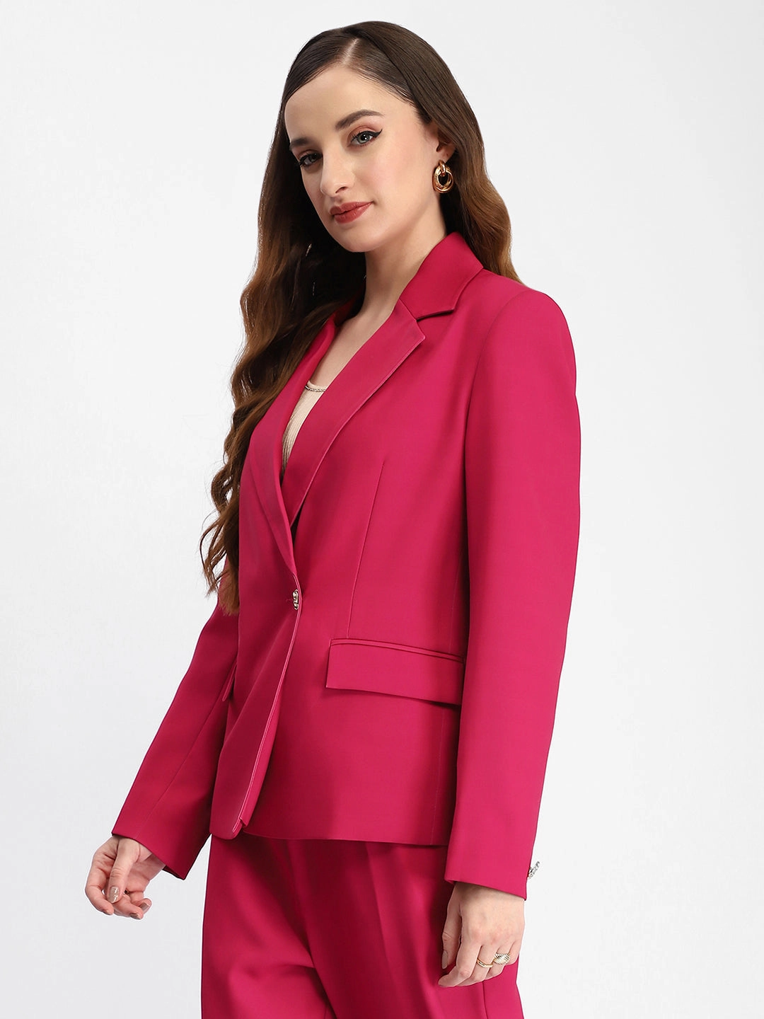 Madame Single Button Notch Lapel Hot Pink Blazer Morning Commute Gear