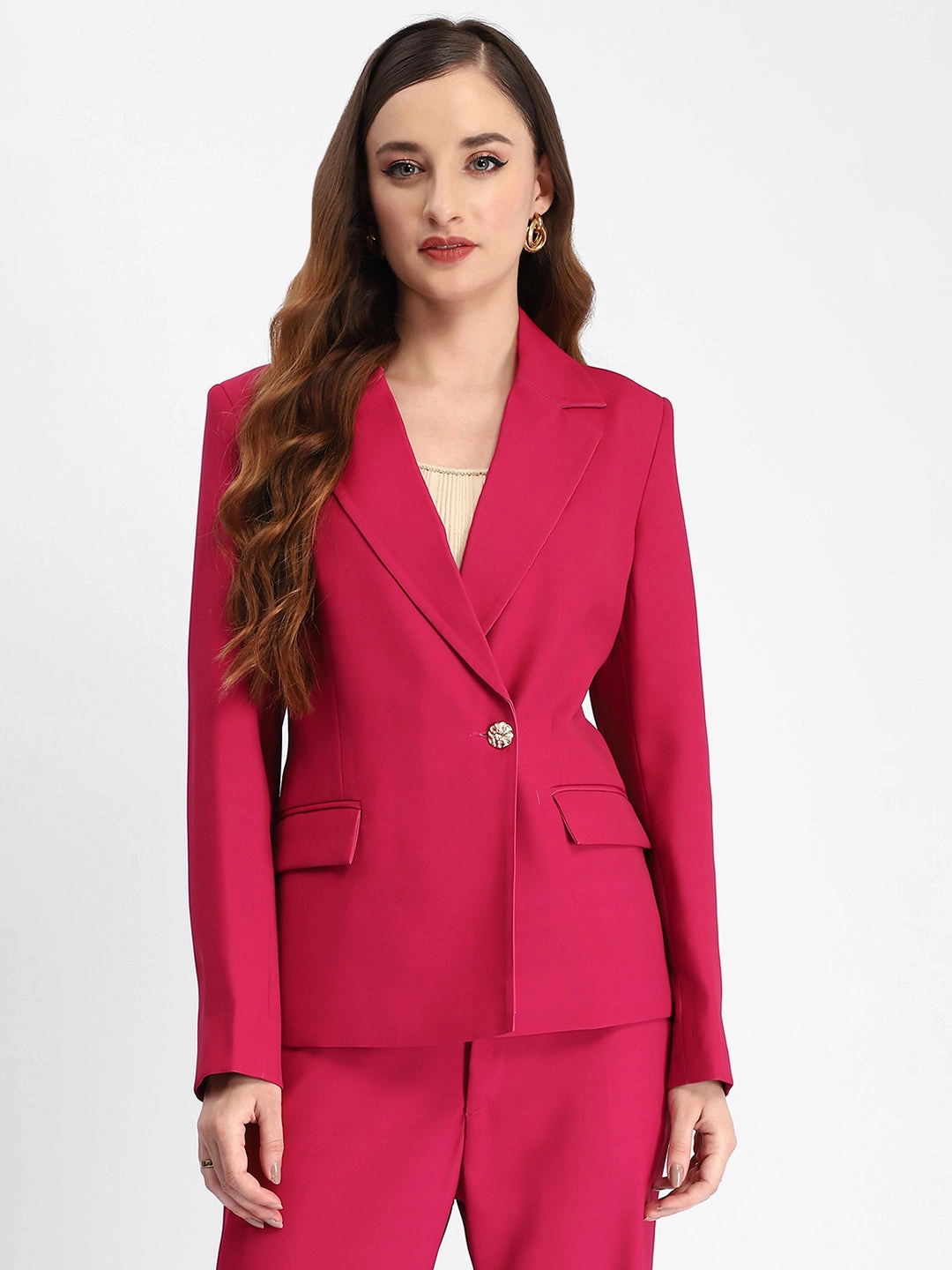 Stretch Comfort Fit Commuter Friendly Look Madame Single Button Notch Lapel Hot Pink Blazer