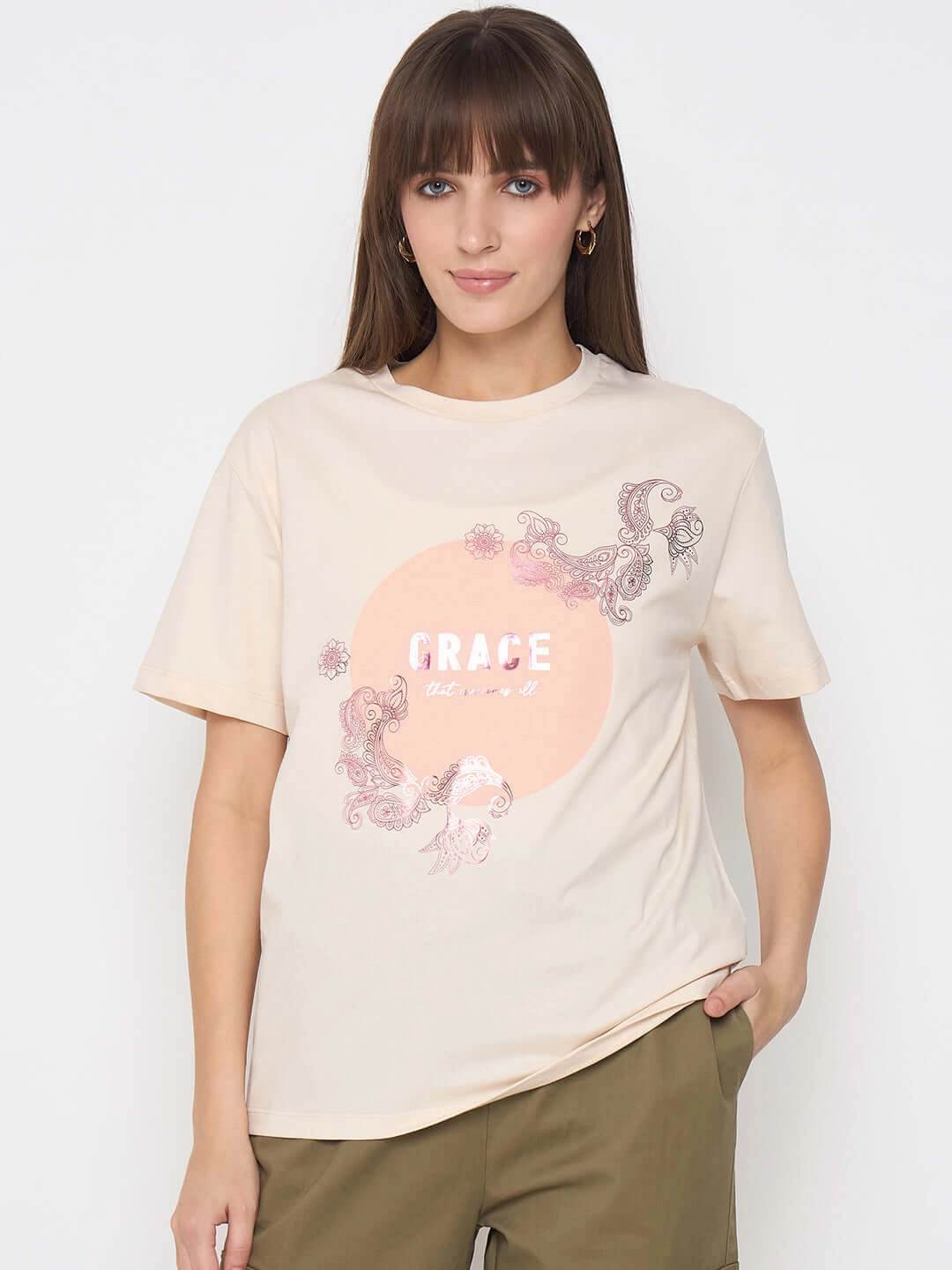 NonIrritating Fabric Madame Sinker Graphic Print Foil Detailed Beige Tshirt