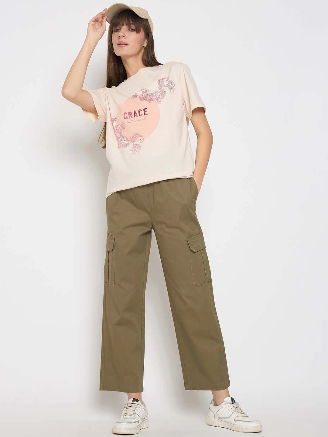 Madame Sinker Graphic Print Foil Detailed Beige Tshirt brandable
