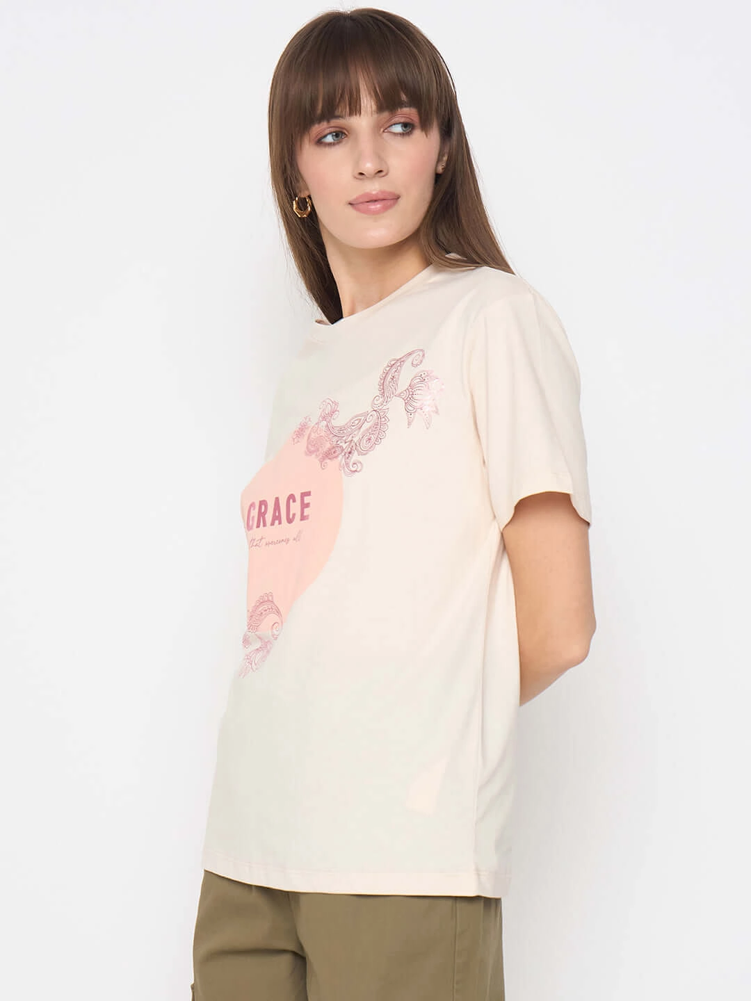 Madame Sinker Graphic Print Foil Detailed Beige Tshirt Minimal Layers Seam Free Back