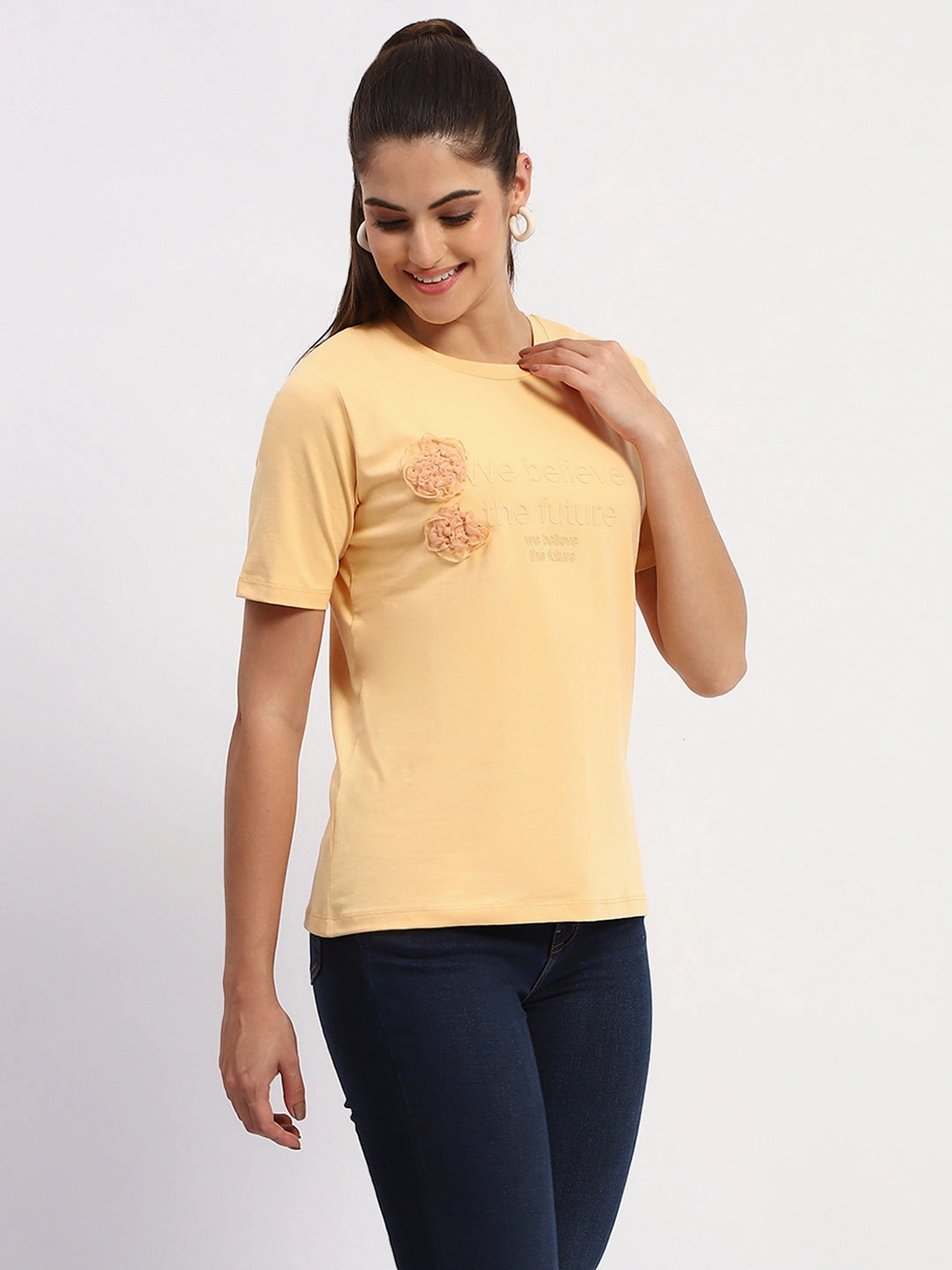 DurableWeave Madame Sinker Handworked Graphic Print Round Neck Light Orange Top