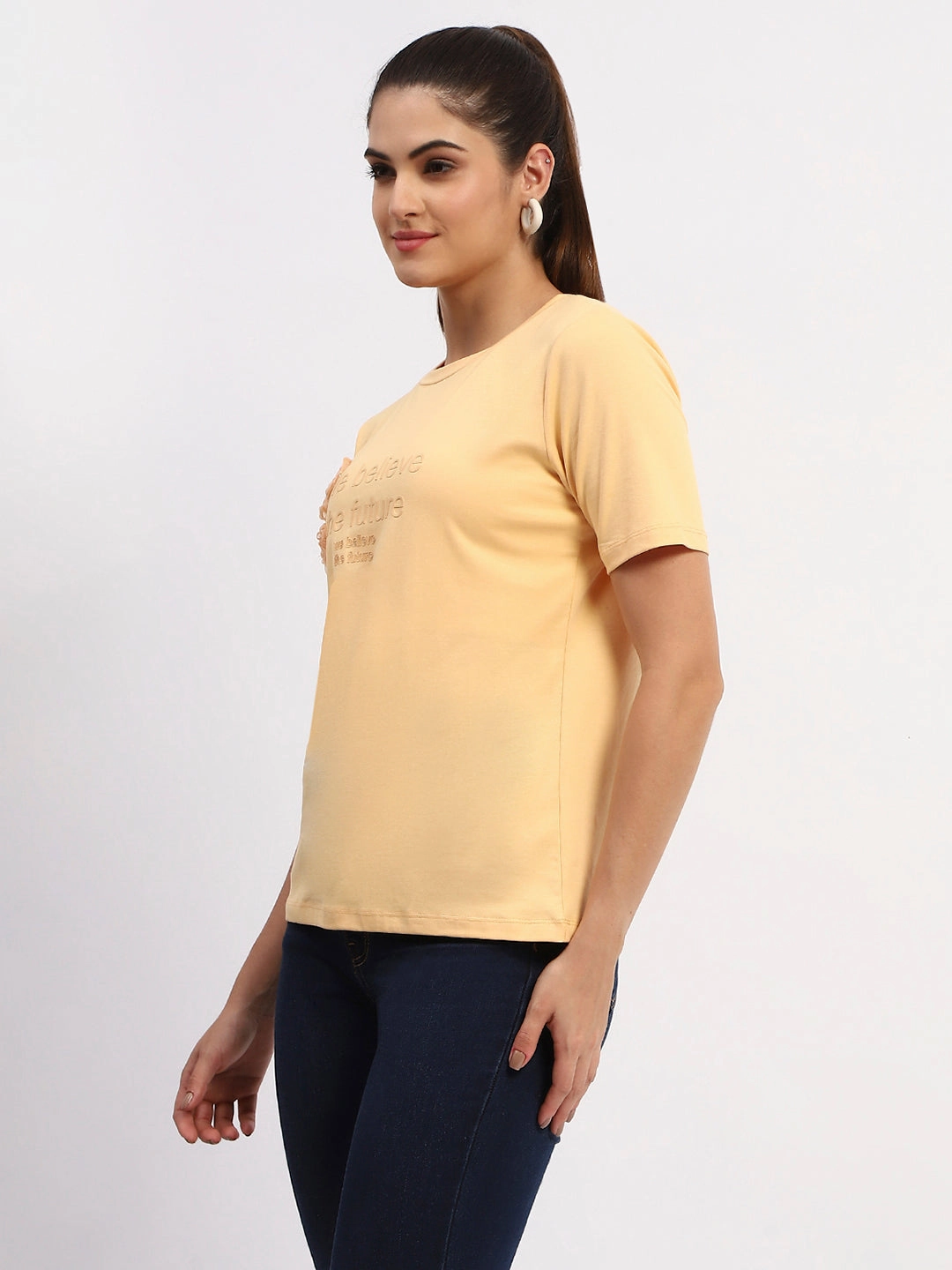Madame Sinker Handworked Graphic Print Round Neck Light Orange Top Low Impact Manufacturing Non Restrictive Cut