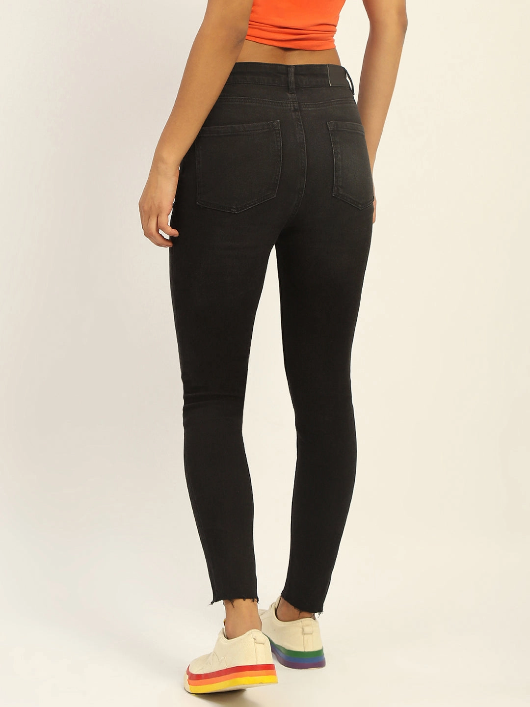 Madame Skinny Fit Raw Hem Cotton Black Denim Unisex Fashion Natural Look