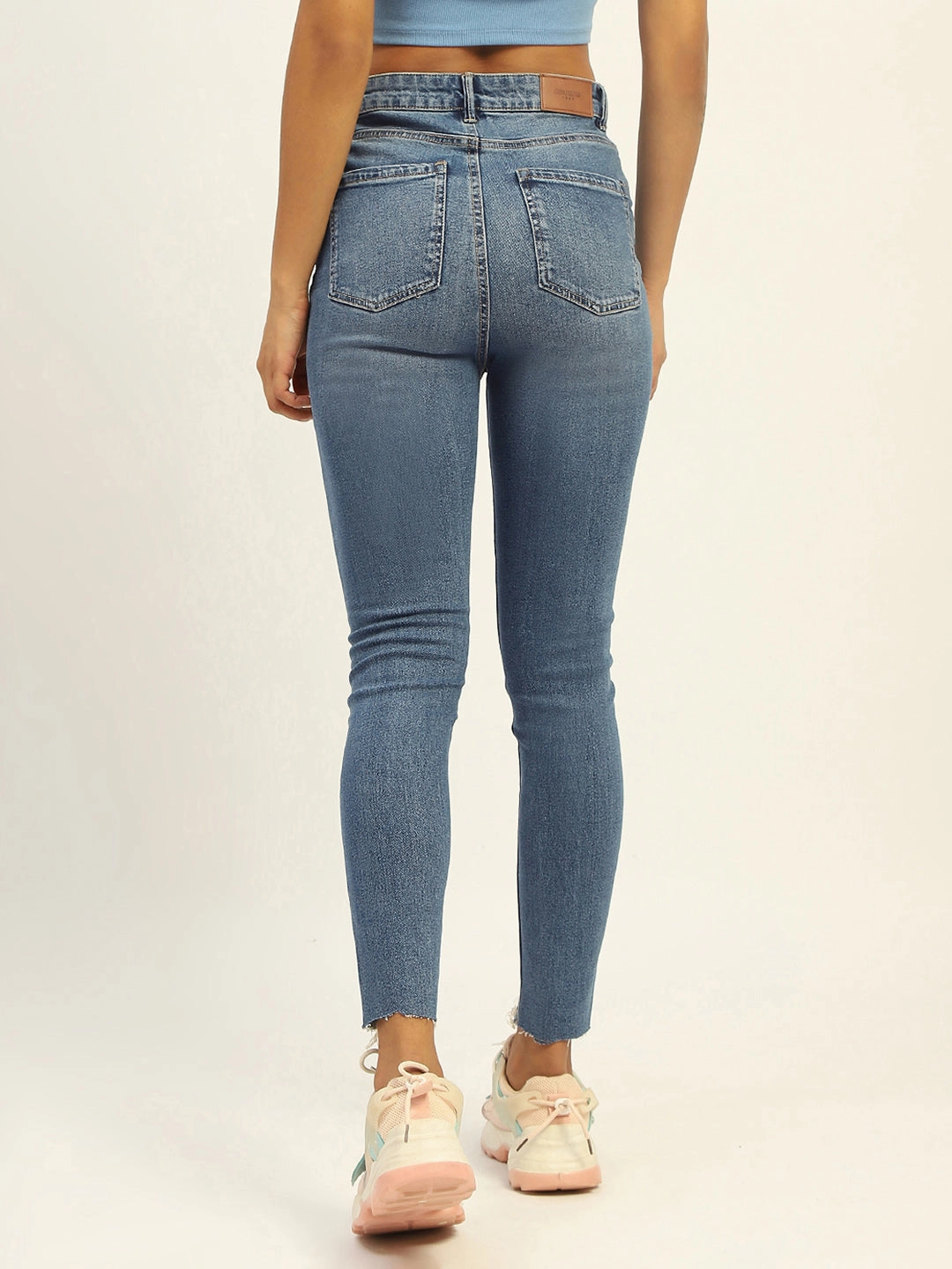 Madame Skinny Fit Raw Hem Cotton Light Blue Denim Vibrant Bold Look Street Fashion Weekend Style