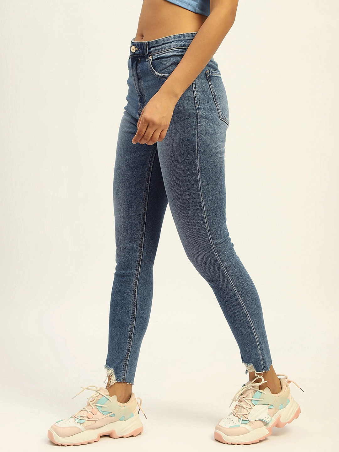 Madame Skinny Fit Raw Hem Cotton Light Blue Denim Adjustable Belt Loops Cool Outfit