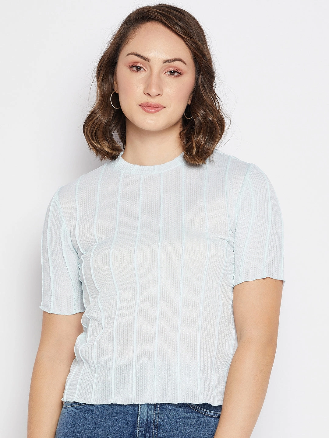 Madame Sky Cotton Striped Top Stretch Fit HighCollar Design