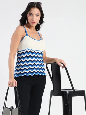 Madame Sleeveless Chevron Pattern Ribbed Trim Knit Top Reflective Logo Detail