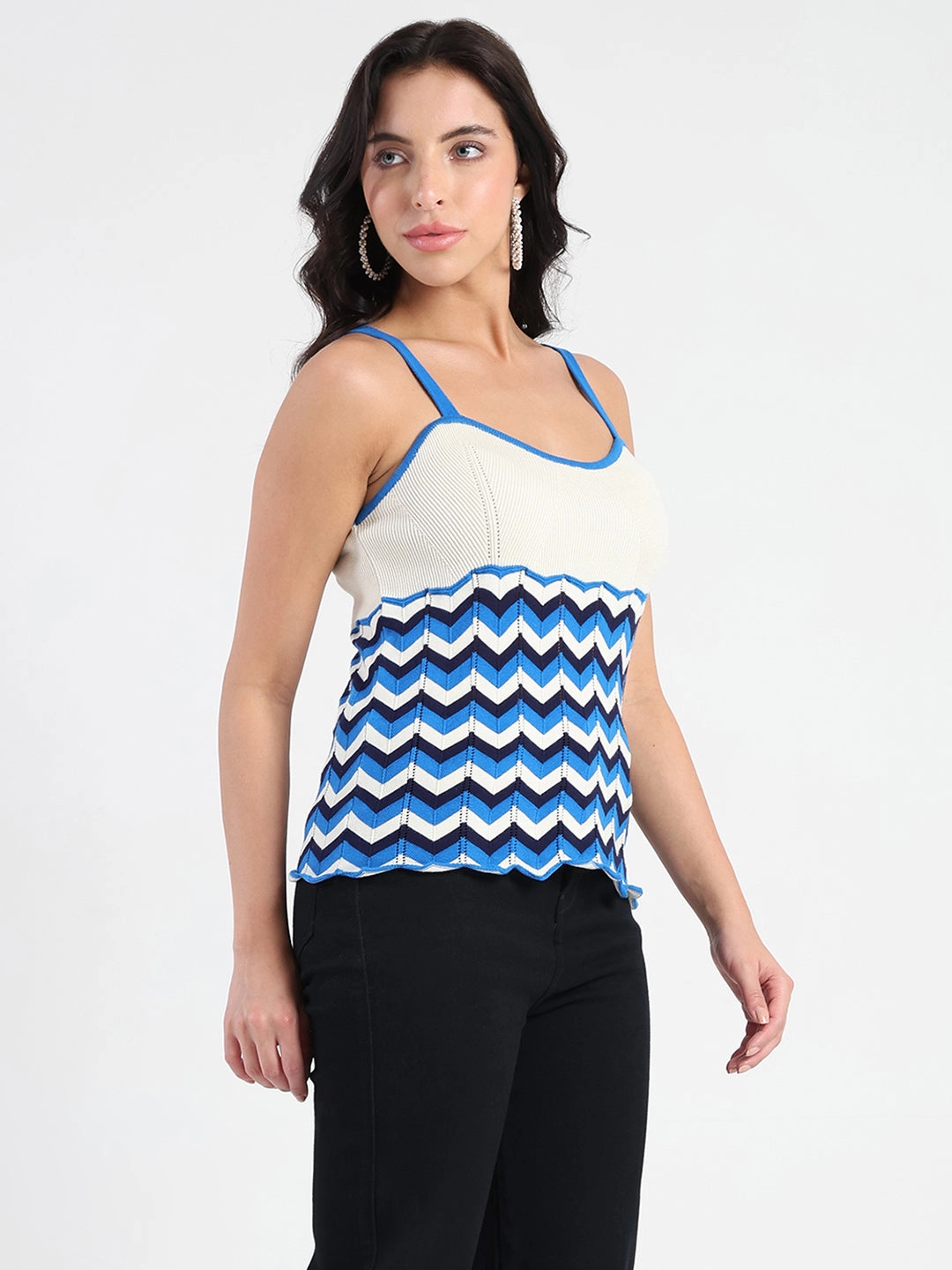 Madame Sleeveless Chevron Pattern Ribbed Trim Knit Top 3D Spacer Fabric LightweightDesign
