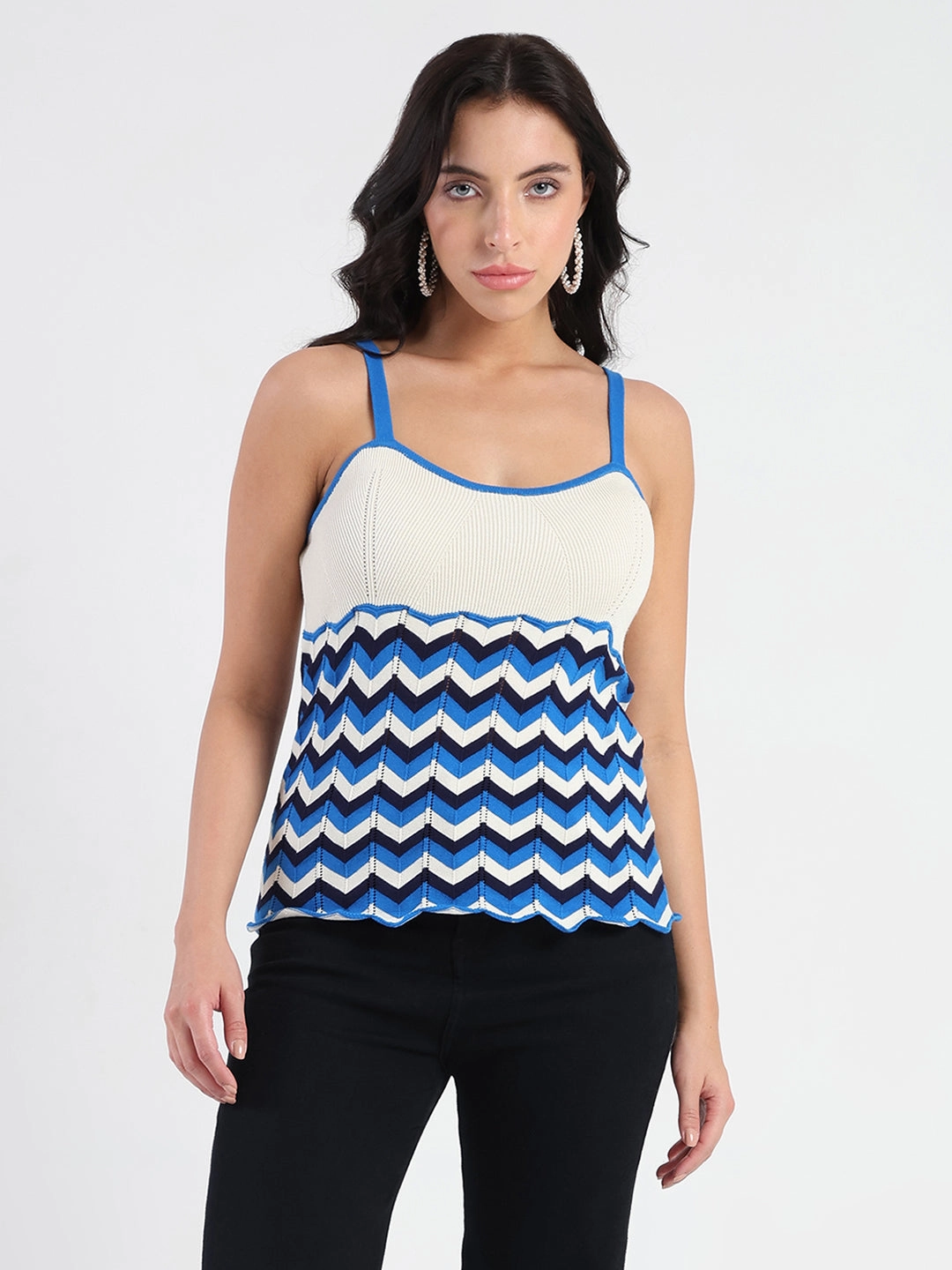 Quick Release Fastener Ventilated Mesh Panels Madame Sleeveless Chevron Pattern Ribbed Trim Knit Top