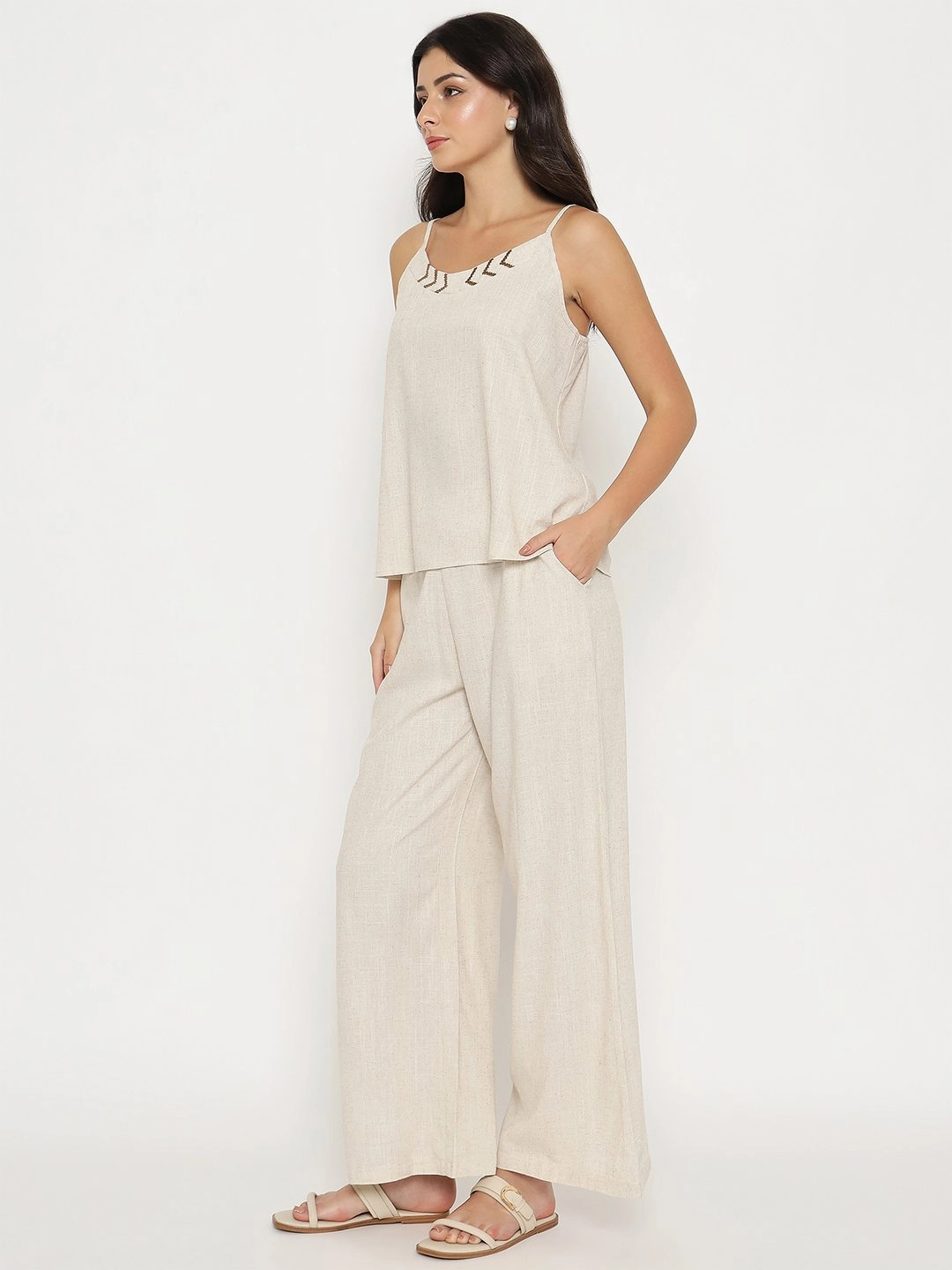 Semi Sheer Madame Sleeveless Top and Straight Bottom Beige Co-ord Set