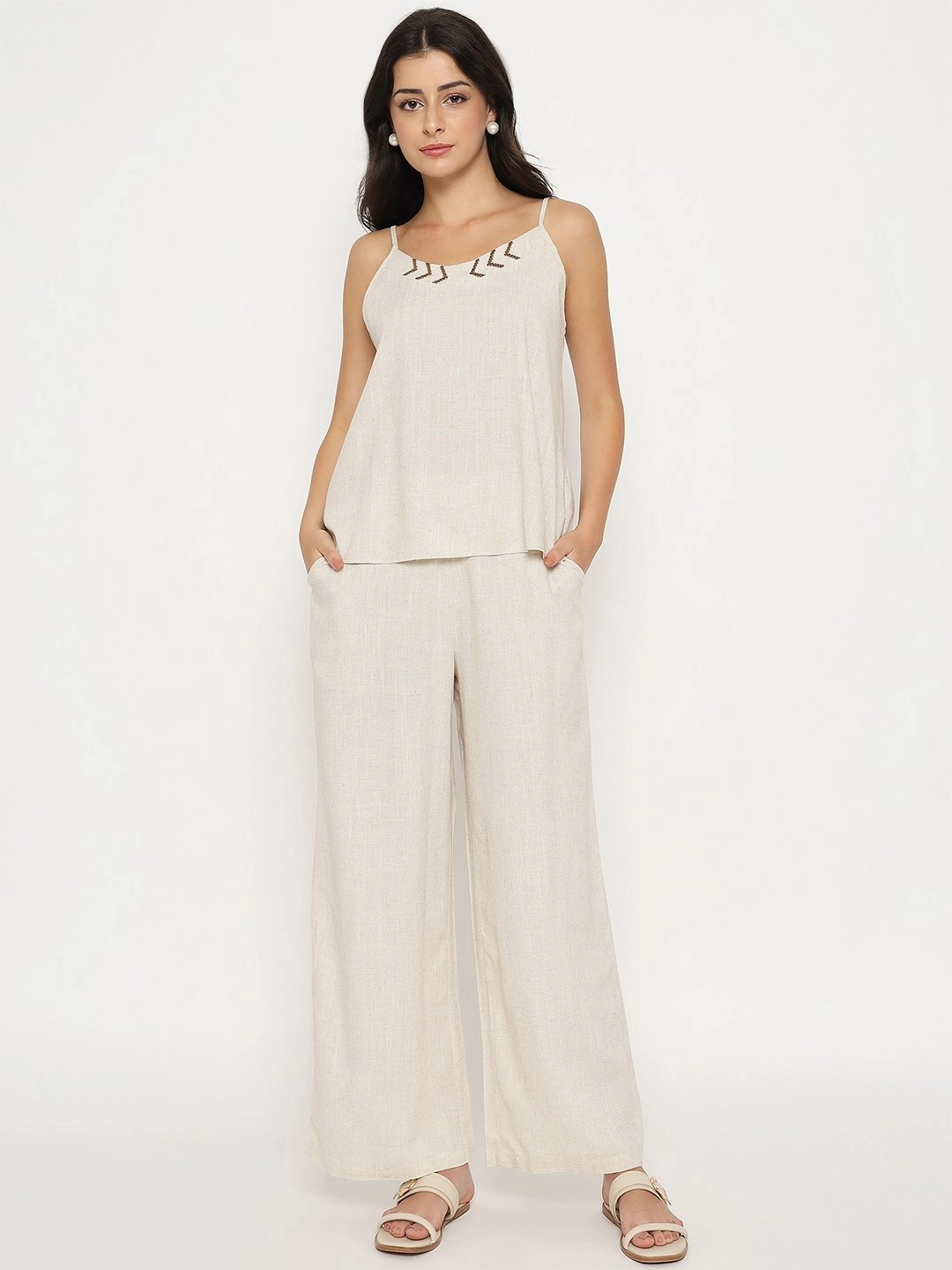 Smart Design Madame Sleeveless Top and Straight Bottom Beige Co-ord Set