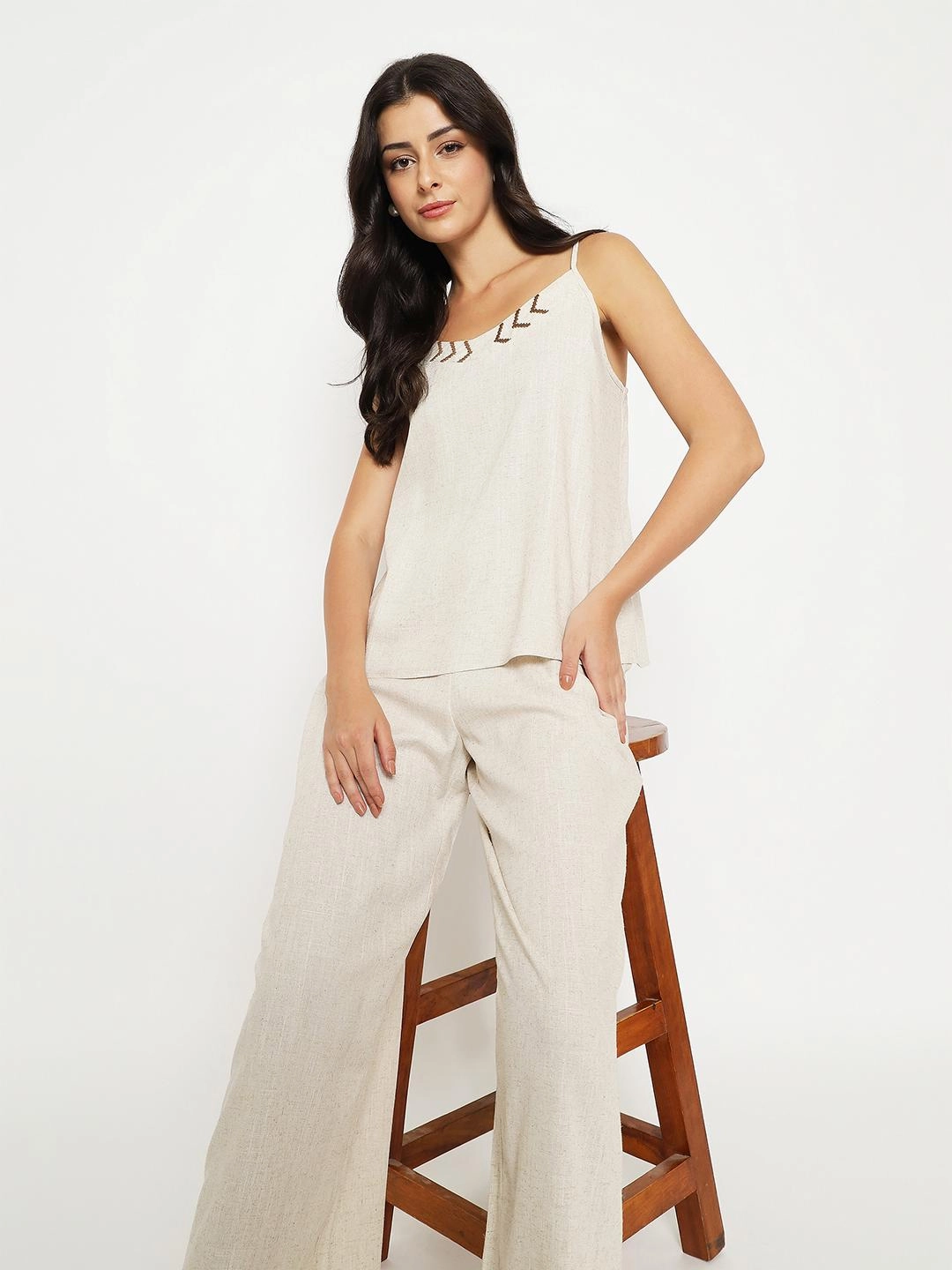 Madame Sleeveless Top and Straight Bottom Beige Co-ord Set Body Positive Elegant Outline