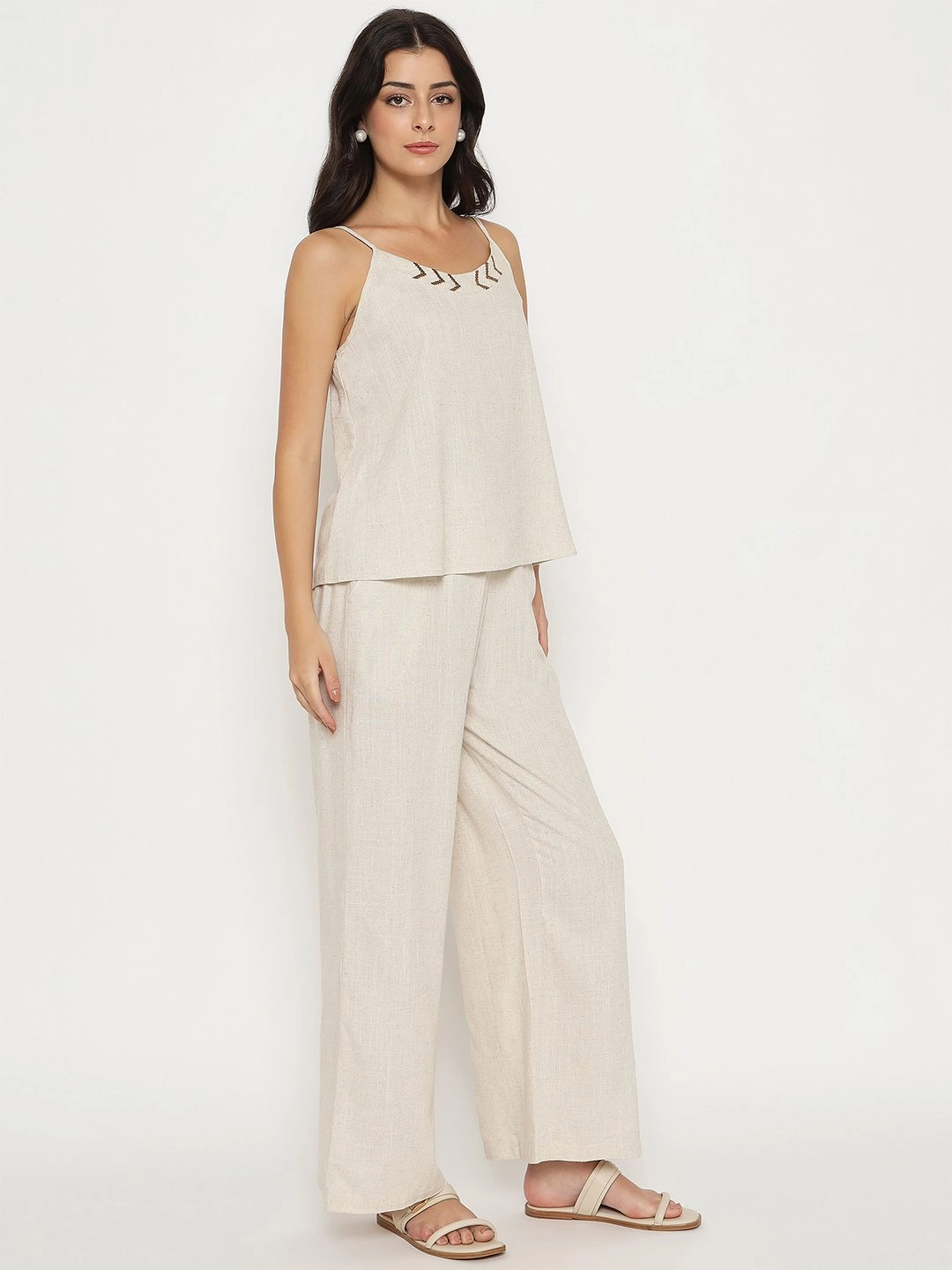 Madame Sleeveless Top and Straight Bottom Beige Co-ord Set Clean Flow