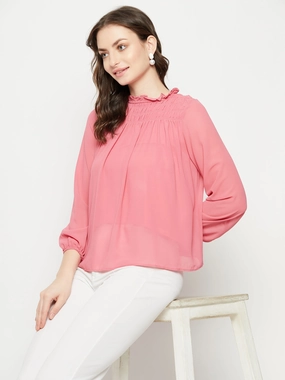 Madame Smocked Frill Neck Hot Pink Top Hidden Zipper Pocket