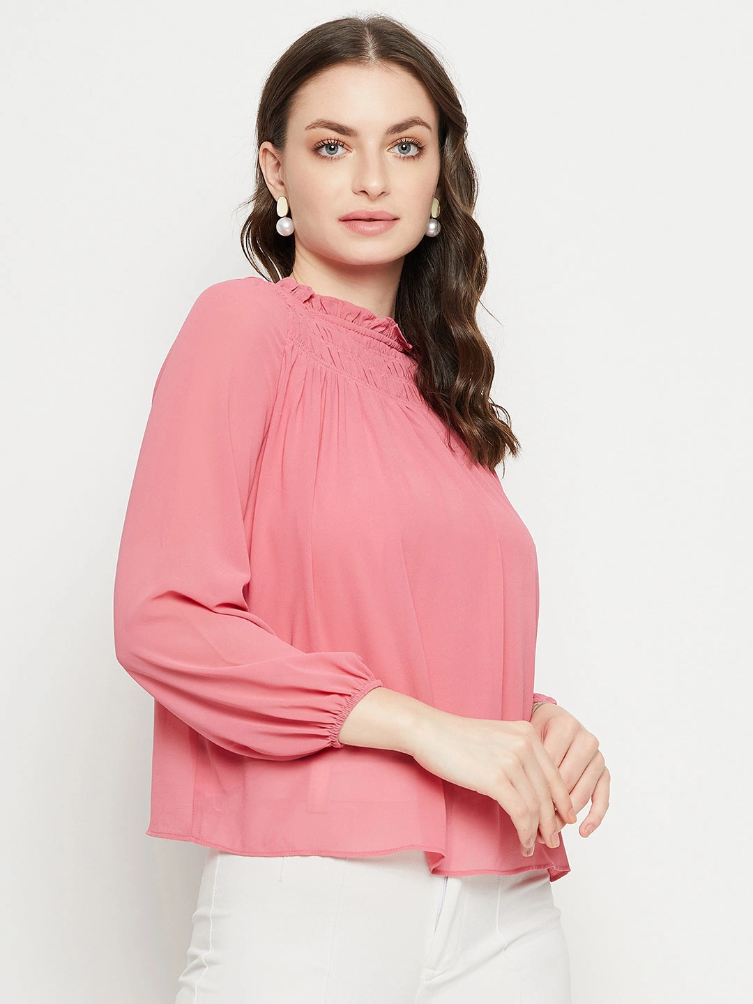 DoubleLayered Collar Relaxed Look Madame Smocked Frill Neck Hot Pink Top