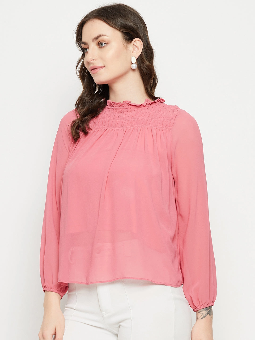 Thermal Regulation Technology stain resistant coating Madame Smocked Frill Neck Hot Pink Top