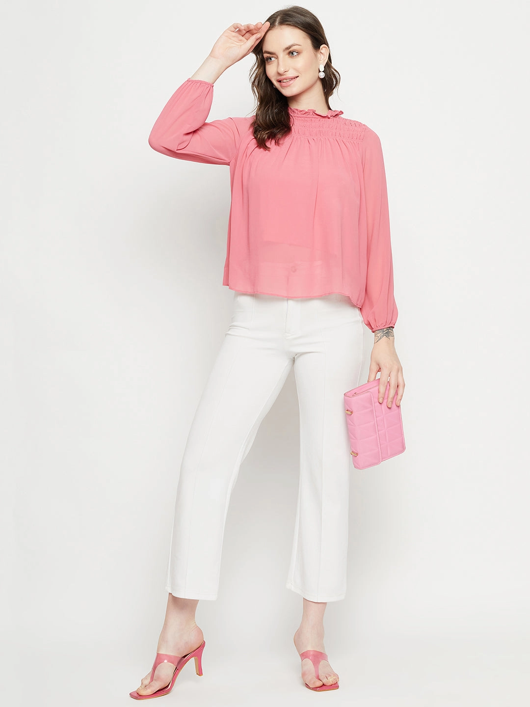 Eco Friendly Material Stretch Material Madame Smocked Frill Neck Hot Pink Top