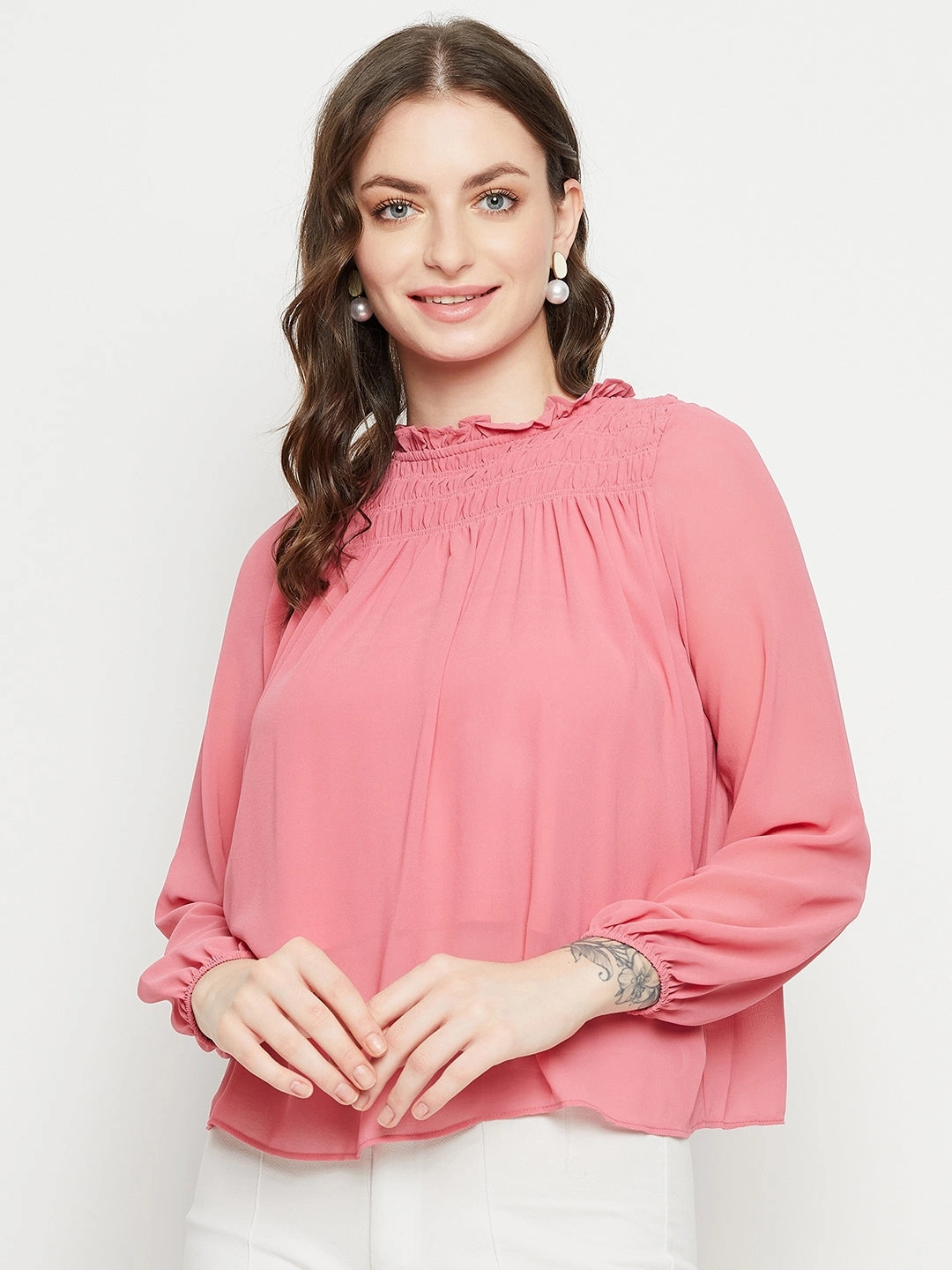 Bold Patterns ElasticTrimming Madame Smocked Frill Neck Hot Pink Top