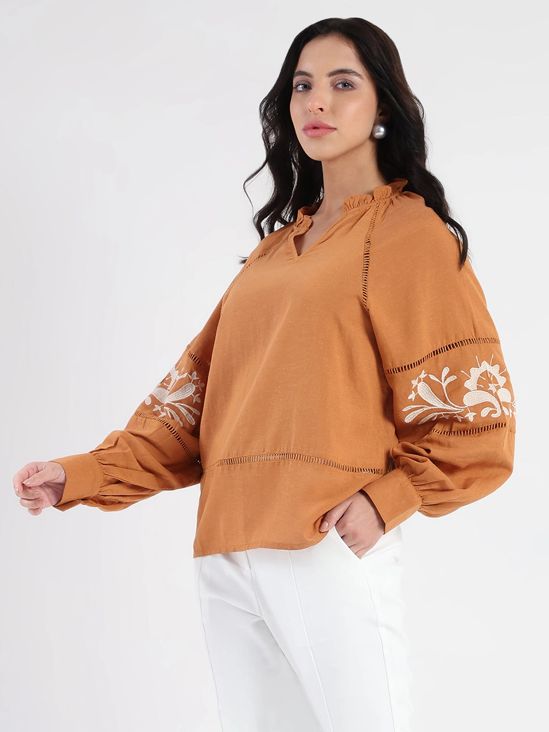 Madame Smocked Lace Detailed Tan Brown Top Breathable Mesh Back