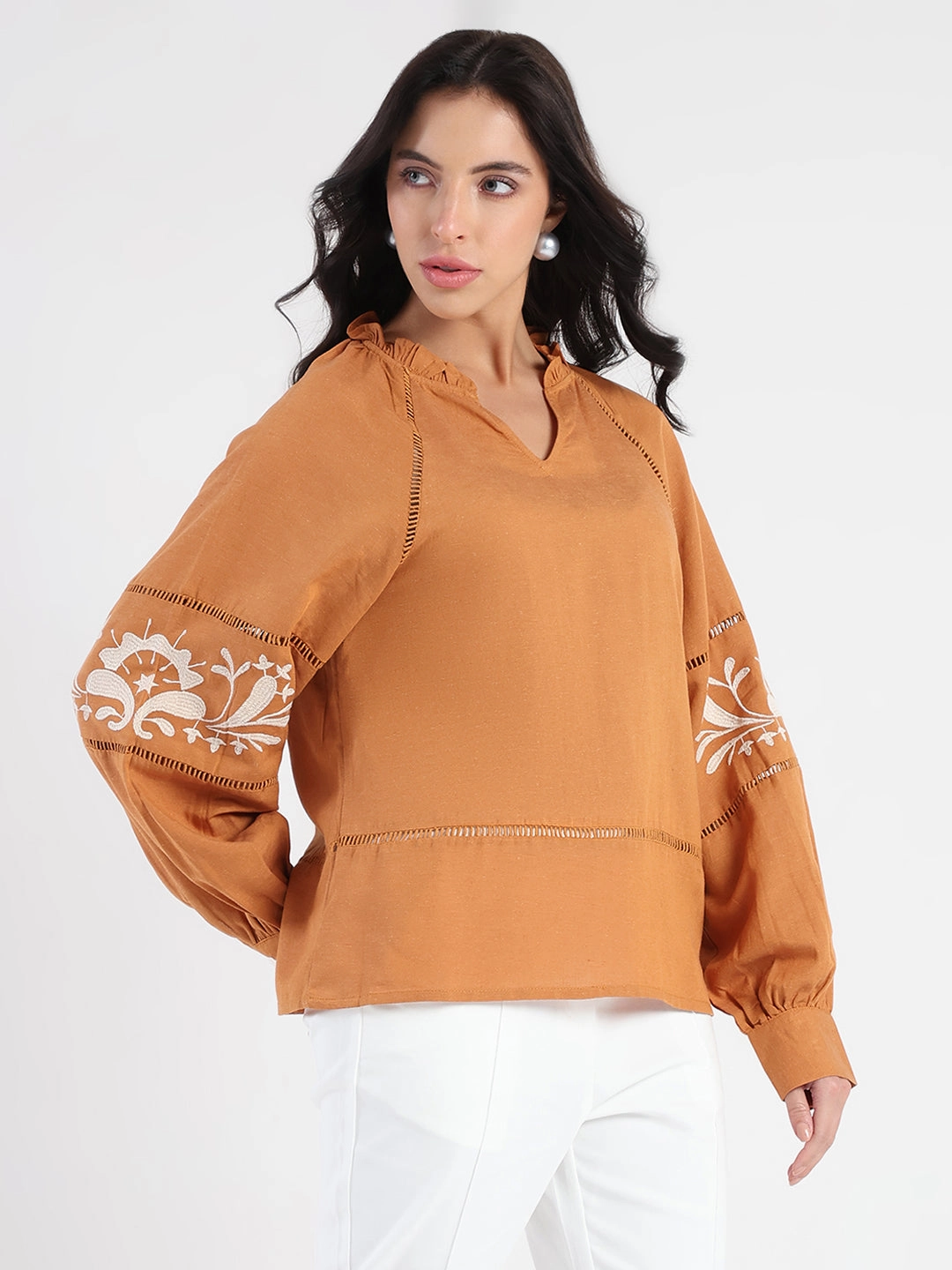 Madame Smocked Lace Detailed Tan Brown Top FadeResistant Dye FlexibleCollar