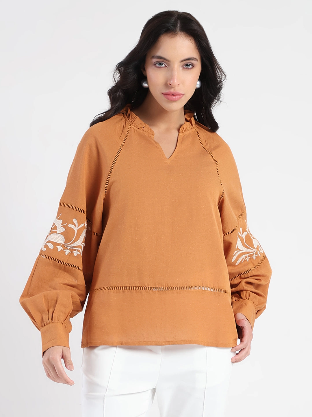 Casual Button-Down Madame Smocked Lace Detailed Tan Brown Top