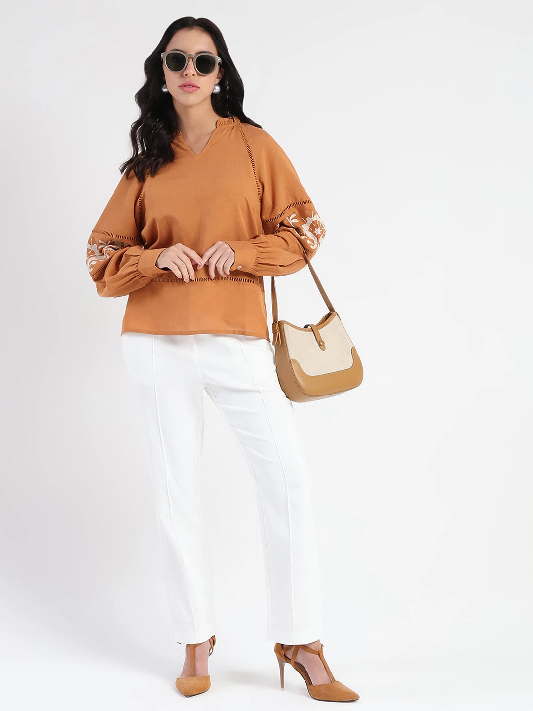 Madame Smocked Lace Detailed Tan Brown Top Ergonomic Shoulder Shape TwoToneEffect